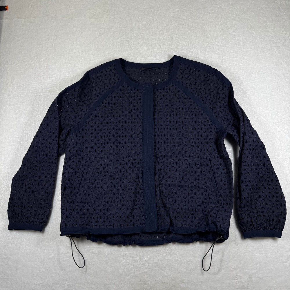 St John Navy Blue Eyelet Lace Full Zip Bomber Jacket Womens XL‎ Drawstring Hem